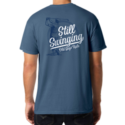 Old Guys Rule. Still Swinging. T-Shirt. indigo blue