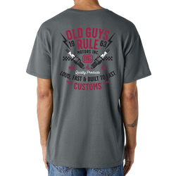 Old Guys Rule Old Guys Garage T-Shirt. charcoal.