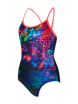 Zoggs Junior Girls Graffiti Brick Sprintback Swimsuit
